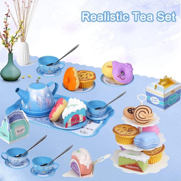 Tea Party Set for Little Girls, 46Pcs Princess Tea Time Toy Including Dessert - Picture 2 of 6